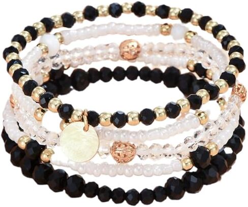 Fuqimanman2020 5Pcs Boho Crystal Beaded Stackable Stretch Bracelets for Women Colorful Multilayered Rice Beaded Adjustable Bracelet Set Summer Beach Bohemian Jewelry Gift in Saudi Arabia