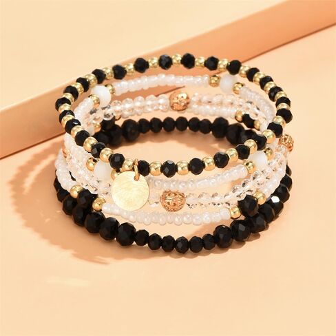 Fuqimanman2020 5Pcs Boho Crystal Beaded Stackable Stretch Bracelets for Women Colorful Multilayered Rice Beaded Adjustable Bracelet Set Summer Beach Bohemian Jewelry Gift in Saudi Arabia