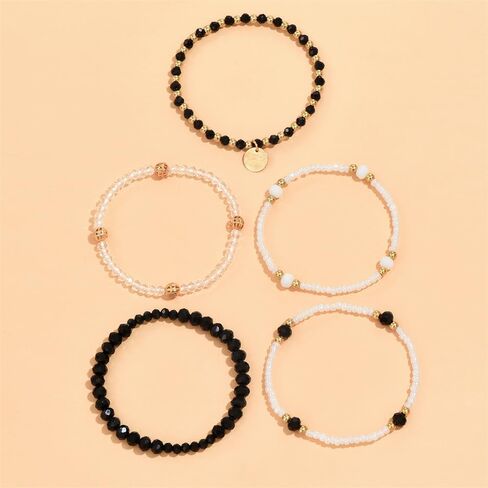 Fuqimanman2020 5Pcs Boho Crystal Beaded Stackable Stretch Bracelets for Women Colorful Multilayered Rice Beaded Adjustable Bracelet Set Summer Beach Bohemian Jewelry Gift in Saudi Arabia