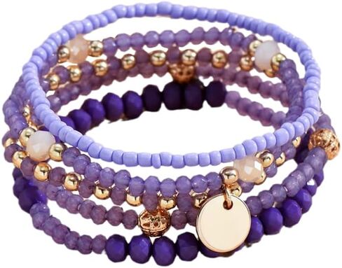 Fuqimanman2020 5Pcs Boho Crystal Beaded Stackable Stretch Bracelets for Women Colorful Multilayered Rice Beaded Adjustable Bracelet Set Summer Beach Bohemian Jewelry Gift in Saudi Arabia