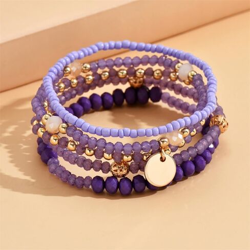 Fuqimanman2020 5Pcs Boho Crystal Beaded Stackable Stretch Bracelets for Women Colorful Multilayered Rice Beaded Adjustable Bracelet Set Summer Beach Bohemian Jewelry Gift in Saudi Arabia