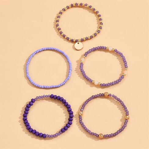 Fuqimanman2020 5Pcs Boho Crystal Beaded Stackable Stretch Bracelets for Women Colorful Multilayered Rice Beaded Adjustable Bracelet Set Summer Beach Bohemian Jewelry Gift in Saudi Arabia