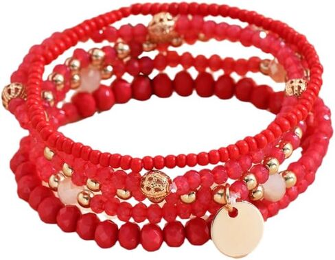 Fuqimanman2020 5Pcs Boho Crystal Beaded Stackable Stretch Bracelets for Women Colorful Multilayered Rice Beaded Adjustable Bracelet Set Summer Beach Bohemian Jewelry Gift in Saudi Arabia