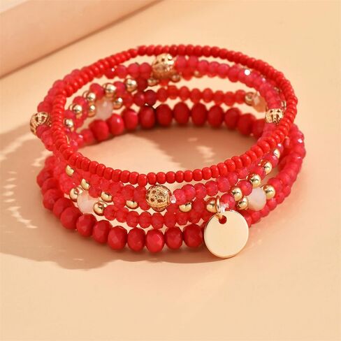 Fuqimanman2020 5Pcs Boho Crystal Beaded Stackable Stretch Bracelets for Women Colorful Multilayered Rice Beaded Adjustable Bracelet Set Summer Beach Bohemian Jewelry Gift in Saudi Arabia