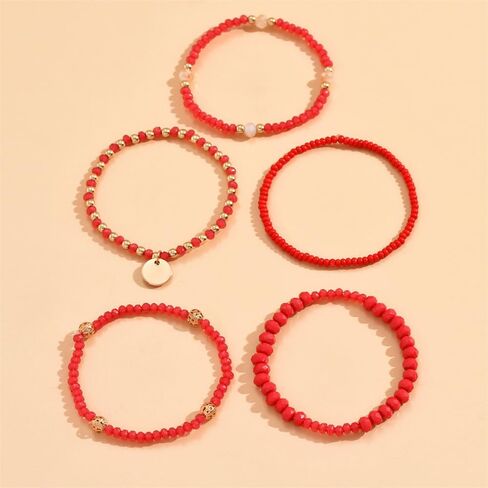 Fuqimanman2020 5Pcs Boho Crystal Beaded Stackable Stretch Bracelets for Women Colorful Multilayered Rice Beaded Adjustable Bracelet Set Summer Beach Bohemian Jewelry Gift in Saudi Arabia