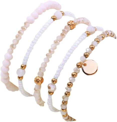 Fuqimanman2020 5Pcs Boho Crystal Beaded Stackable Stretch Bracelets for Women Colorful Multilayered Rice Beaded Adjustable Bracelet Set Summer Beach Bohemian Jewelry Gift in Saudi Arabia