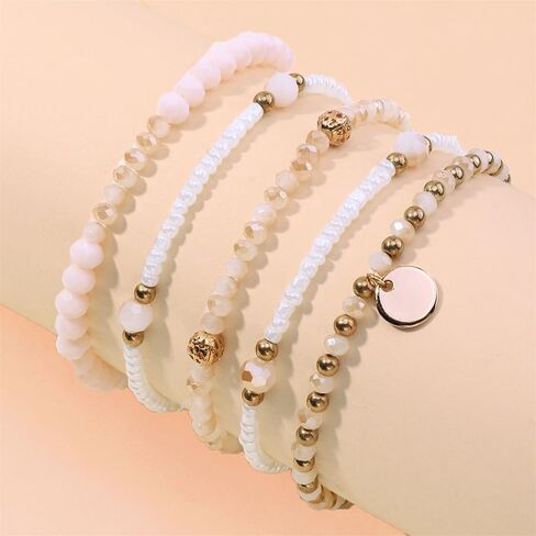Fuqimanman2020 5Pcs Boho Crystal Beaded Stackable Stretch Bracelets for Women Colorful Multilayered Rice Beaded Adjustable Bracelet Set Summer Beach Bohemian Jewelry Gift in Saudi Arabia