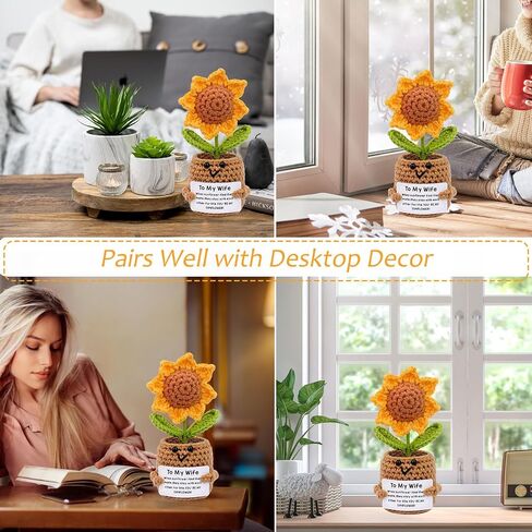 Sunflowe Gifts for Her Wife from Husband,to My Wife Handmade Crochet Sunflower Birthday Mothers Day Anniversary Small Gifts for Wife Wifey Romantic,Emotional Support Plants Positive Crochet in Kuwait