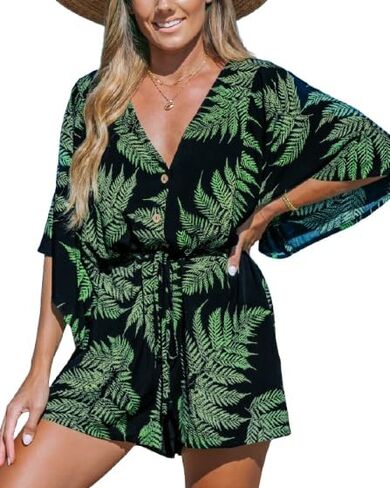 CUPSHE Women's Boho Floral Romper Short Sleeve V Neck Tie Waist Summer Beach Jumpsuit Tropical Resort Vacation Outfits in Kuwait