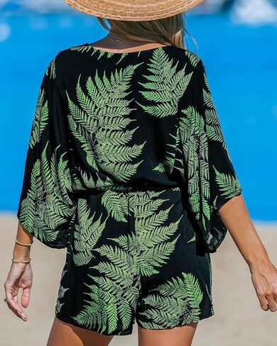 CUPSHE Women's Boho Floral Romper Short Sleeve V Neck Tie Waist Summer Beach Jumpsuit Tropical Resort Vacation Outfits in Kuwait