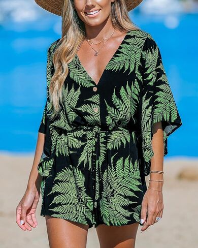 CUPSHE Women's Boho Floral Romper Short Sleeve V Neck Tie Waist Summer Beach Jumpsuit Tropical Resort Vacation Outfits in Kuwait