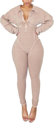 nrthye نساء مثير قطعة واحدة بذلة v-neck طويلة الأكمام الطويلة غير الرسمية مغسولة bodycon مشد in Kuwait
