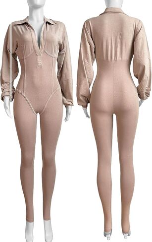 nrthye نساء مثير قطعة واحدة بذلة v-neck طويلة الأكمام الطويلة غير الرسمية مغسولة bodycon مشد in Kuwait