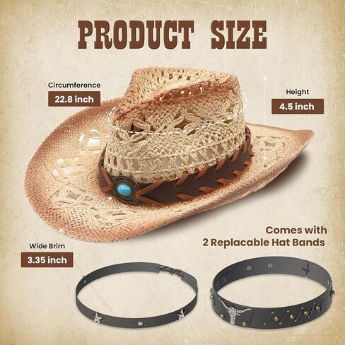 Funcredible Straw Cowboy Hat for Women - Straw Cowgirl Hat - Vintage Cowboy Hat with 3 Replaceable Hat Bands in Saudi Arabia