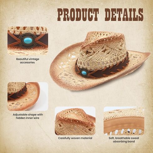 Funcredible Straw Cowboy Hat for Women - Straw Cowgirl Hat - Vintage Cowboy Hat with 3 Replaceable Hat Bands in Saudi Arabia