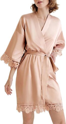 SIORO Women's Satin Robe Lace Silk Kimono Robes Short for Bridesmaid Wedding Party Nightgown Print 2 Medium in Kuwait