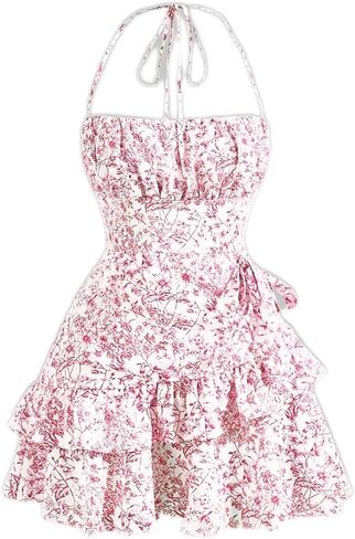 WDIRARA Women's Floral Sleeveless Halter Dress Backless Layered Ruffle Short Dress in Saudi Arabia