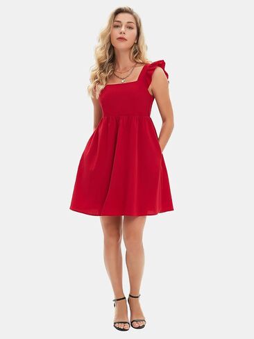 EXLURA Women's Summer Square Neck Sleeveless Casual Boho Ruffle Dress 2025 Backless Beach Teen Sundresses with Pockets in Saudi Arabia