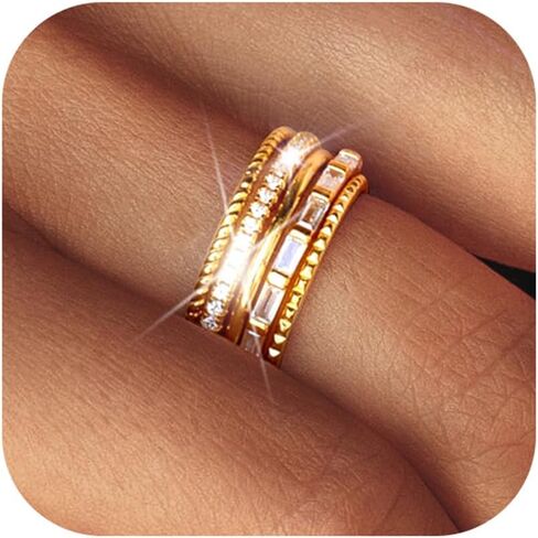 Florideco 14K Gold Filled Thin Stackable Rings for Women,Minimalist Non Tarnish Cubic Zirconia Band Rings,Dainty Trendy Statement Stacking Rings Set Size 6-10 in Saudi Arabia