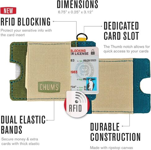محفظة Chums Bandit Lo-Pro Minimalist - محفظة RFID مدمجة مع حلقة مفاتيح وحزام مطاطي للنقود (زيتوني/أزرق مخضر/معجون) in Kuwait