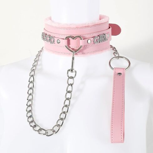 Succuba Handmade Fluffy Heart Rhinestone Heart Ring Pu Leather Choker Collar For Women, Handmade Punk Gothic Letter Necklace Adjustable Fashion Jewerly in Saudi Arabia