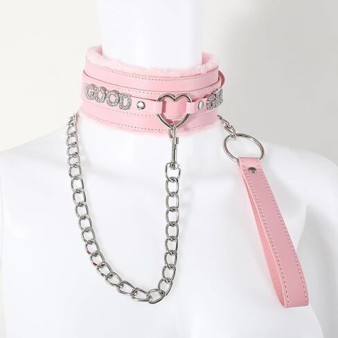 Succuba Handmade Fluffy Heart Rhinestone Heart Ring Pu Leather Choker Collar For Women, Handmade Punk Gothic Letter Necklace Adjustable Fashion Jewerly in Saudi Arabia