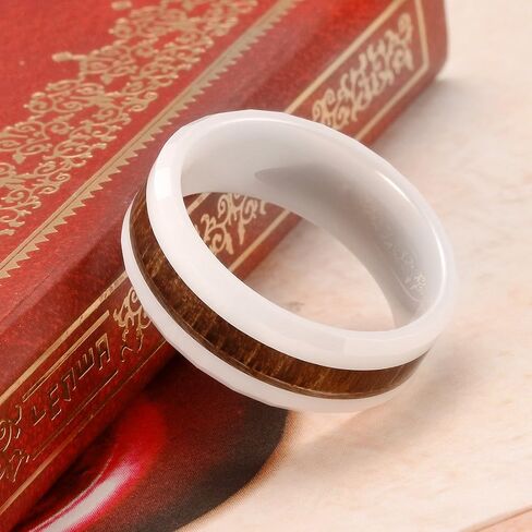 THREE KEYS JEWELRY 6,8mm Black/White Ceramic Wedding Ring with Real Koa Wood Inlay Flat Top Wedding Band Engagement Ring Comfort Fit Size 4-16 in Kuwait