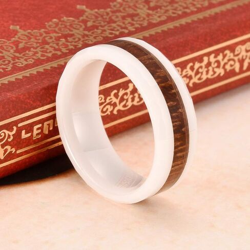 THREE KEYS JEWELRY 6,8mm Black/White Ceramic Wedding Ring with Real Koa Wood Inlay Flat Top Wedding Band Engagement Ring Comfort Fit Size 4-16 in Kuwait