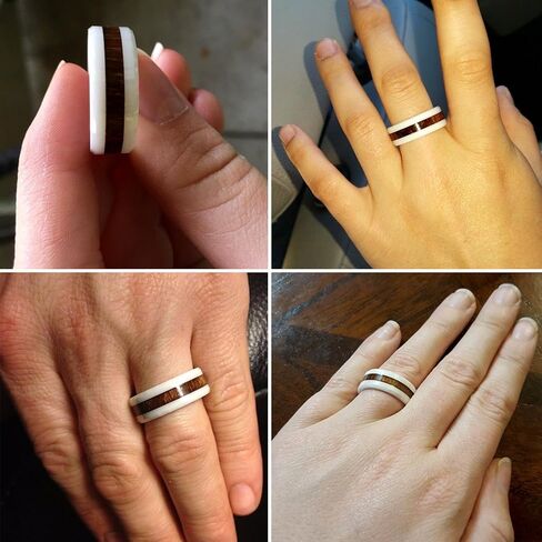 THREE KEYS JEWELRY 6,8mm Black/White Ceramic Wedding Ring with Real Koa Wood Inlay Flat Top Wedding Band Engagement Ring Comfort Fit Size 4-16 in Kuwait