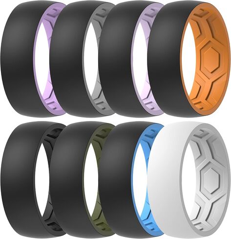 ThunderFit Silicone Rings Unisex, Breathable Two Layers Top Design Rubber Wedding Bands 8mm Wide 2.2mm Thick - 1/4/8 Variety Multipack in Kuwait
