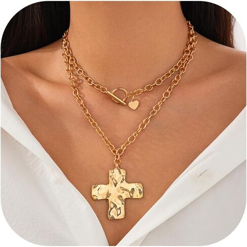 Chunky Cross Necklace for Women Statement Chunky Gold Necklace Pearl Cross Pendant Necklaces Layered Vintage Toggle Clasp Necklaces Jewelry in Saudi Arabia