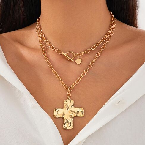 Chunky Cross Necklace for Women Statement Chunky Gold Necklace Pearl Cross Pendant Necklaces Layered Vintage Toggle Clasp Necklaces Jewelry in Saudi Arabia