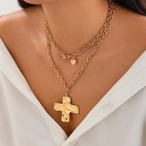 Chunky Cross Necklace for Women Statement Chunky Gold Necklace Pearl Cross Pendant Necklaces Layered Vintage Toggle Clasp Necklaces Jewelry in Saudi Arabia