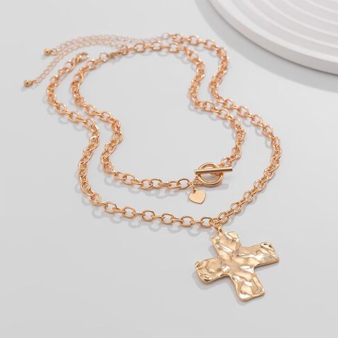 Chunky Cross Necklace for Women Statement Chunky Gold Necklace Pearl Cross Pendant Necklaces Layered Vintage Toggle Clasp Necklaces Jewelry in Saudi Arabia