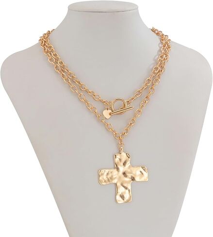 Chunky Cross Necklace for Women Statement Chunky Gold Necklace Pearl Cross Pendant Necklaces Layered Vintage Toggle Clasp Necklaces Jewelry in Saudi Arabia