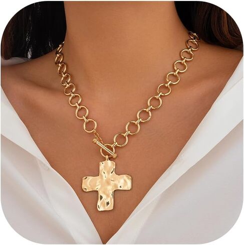 Chunky Cross Necklace for Women Statement Chunky Gold Necklace Pearl Cross Pendant Necklaces Layered Vintage Toggle Clasp Necklaces Jewelry in Saudi Arabia