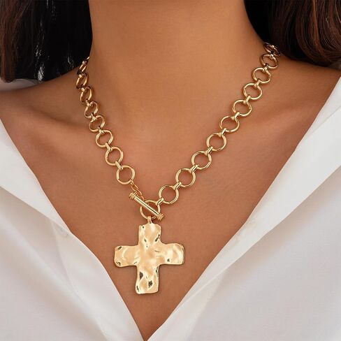 Chunky Cross Necklace for Women Statement Chunky Gold Necklace Pearl Cross Pendant Necklaces Layered Vintage Toggle Clasp Necklaces Jewelry in Saudi Arabia
