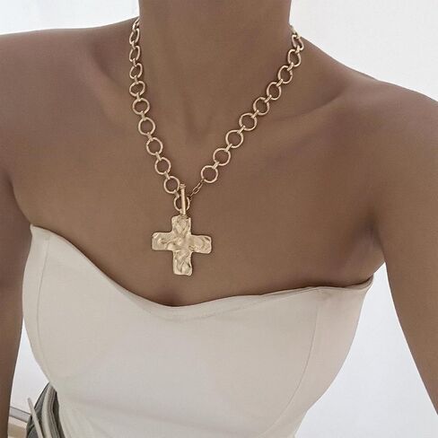 Chunky Cross Necklace for Women Statement Chunky Gold Necklace Pearl Cross Pendant Necklaces Layered Vintage Toggle Clasp Necklaces Jewelry in Saudi Arabia