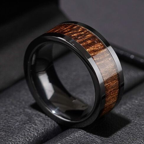 THREE KEYS JEWELRY 6,8mm Black/White Ceramic Wedding Ring with Real Koa Wood Inlay Flat Top Wedding Band Engagement Ring Comfort Fit Size 4-16 in Kuwait