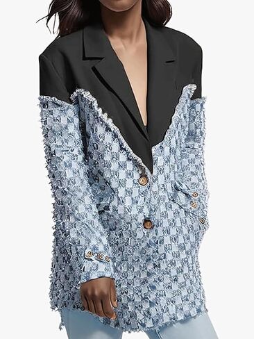 KANSOON Women Denim Blazer Jacket Patchwork Jean Long Sleeve Button Fringes Casual Business Blazers in Kuwait