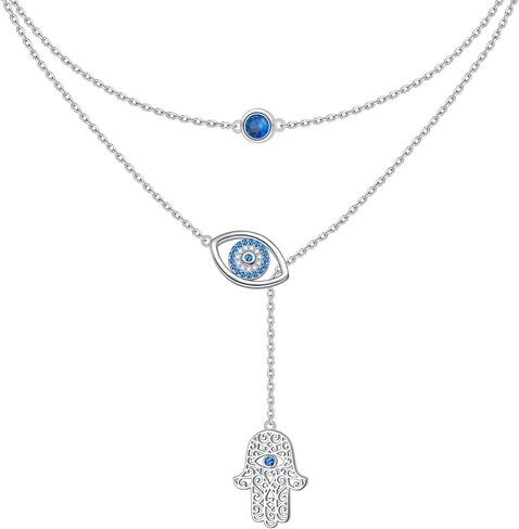 Blue Evil Eye Necklace for Women 925 Sterling Silver Double Chain Protection Hamsa Hand Y Layered Fatima Necklaces Pendant Jewelry Gifts in Kuwait