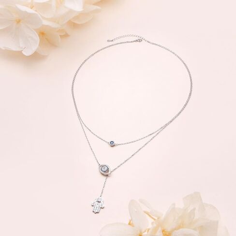 Blue Evil Eye Necklace for Women 925 Sterling Silver Double Chain Protection Hamsa Hand Y Layered Fatima Necklaces Pendant Jewelry Gifts in Kuwait