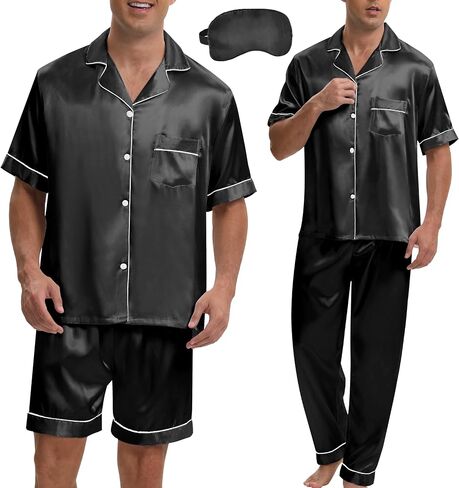 Silk Pajamas for Men 3 Piece Mens Summer Satin Pajamas Set Short Sleeve Men's Sleepwear with Pants Eye Mask in Saudi Arabia