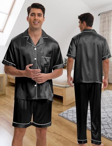 Silk Pajamas for Men 3 Piece Mens Summer Satin Pajamas Set Short Sleeve Men's Sleepwear with Pants Eye Mask in Saudi Arabia