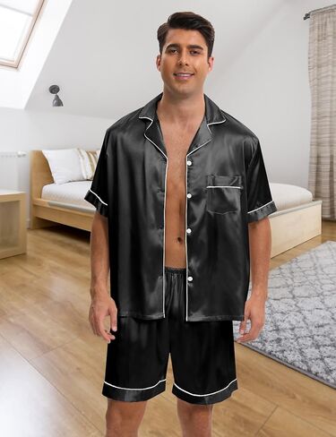 Silk Pajamas for Men 3 Piece Mens Summer Satin Pajamas Set Short Sleeve Men's Sleepwear with Pants Eye Mask in Saudi Arabia