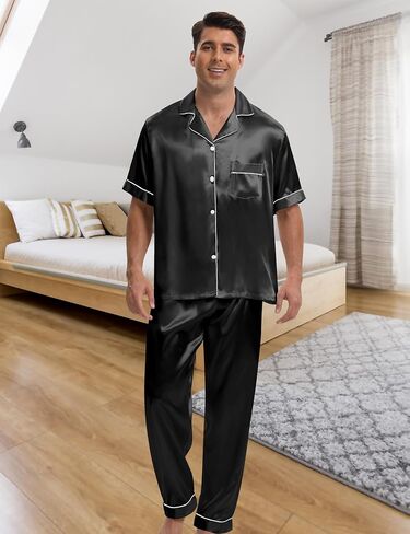 Silk Pajamas for Men 3 Piece Mens Summer Satin Pajamas Set Short Sleeve Men's Sleepwear with Pants Eye Mask in Saudi Arabia