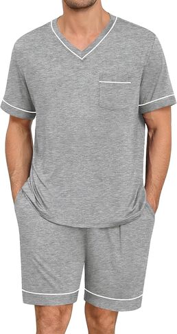SWOMOG Mens Pajama Set Short Sleeve Pjs Set V-Neck Sleepwear 2 Pcs Soft Modal Lounge Sets Comfy Nightwear with Pockets in Saudi Arabia