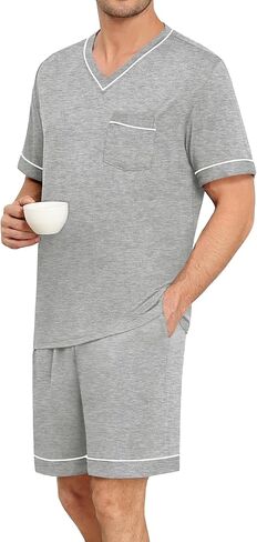 SWOMOG Mens Pajama Set Short Sleeve Pjs Set V-Neck Sleepwear 2 Pcs Soft Modal Lounge Sets Comfy Nightwear with Pockets in Saudi Arabia