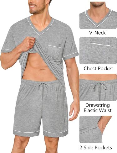 SWOMOG Mens Pajama Set Short Sleeve Pjs Set V-Neck Sleepwear 2 Pcs Soft Modal Lounge Sets Comfy Nightwear with Pockets in Saudi Arabia