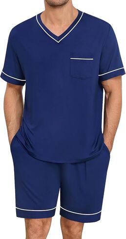 swomog mens pajama مجموعة قصيرة الأكمام pjs مجموعة v-neck sleepwear 2 pcs soft lounge onounge sets comfy nightwear مع جيوب in Saudi Arabia